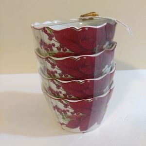 NEW 4PC Bone China Decorative Holiday Poinsettia Bowls  4" x 2.5